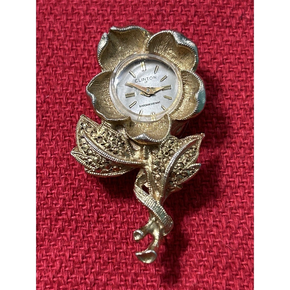 Vintage Clinton 17 Jewels Hand Winding Watch Pin Brooch Gold Toned Floral Leaf